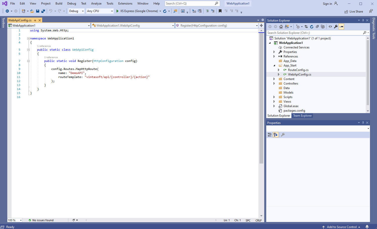 C# source codes of WebApiConfig.cs file
